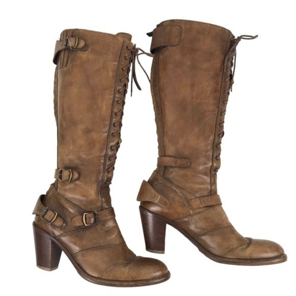 Belstaff Brown Leather Knee-High Combat Moto Boots